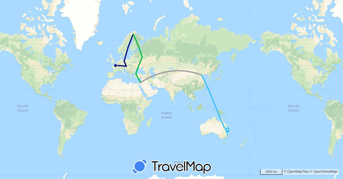 TravelMap itinerary: driving, bus, plane, boat in Austria, Australia, China, Germany, France, Israel, Norway, Russia, Turkey (Asia, Europe, Oceania)